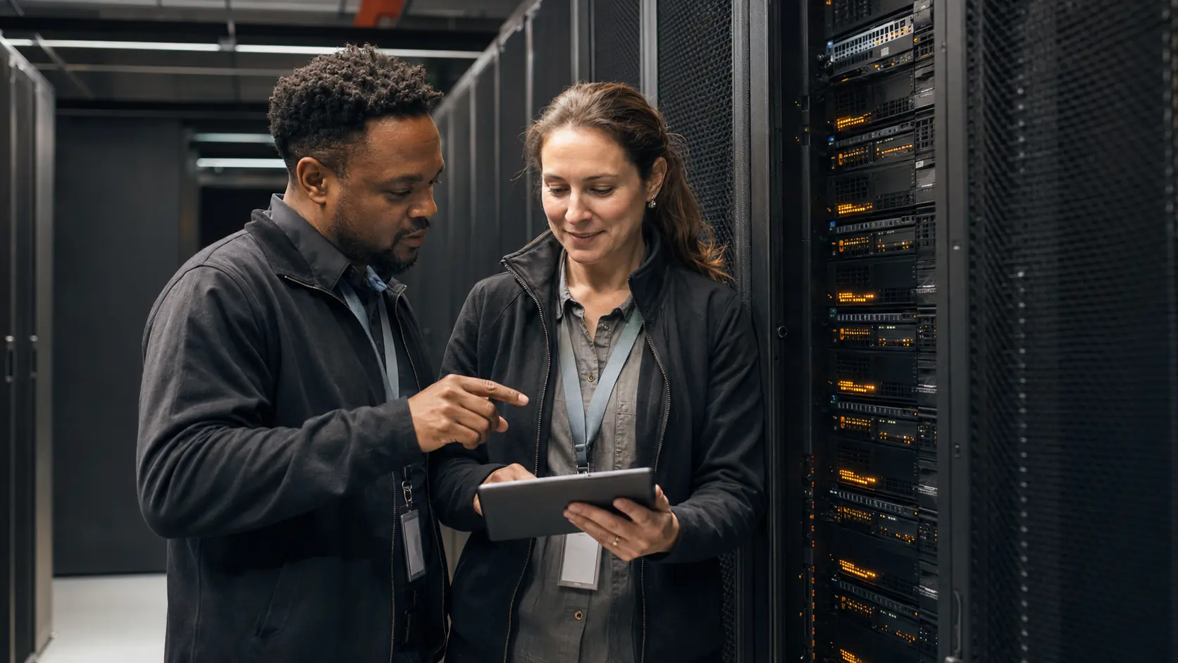 Black and White South African data-centre engineers checking hosting equipment